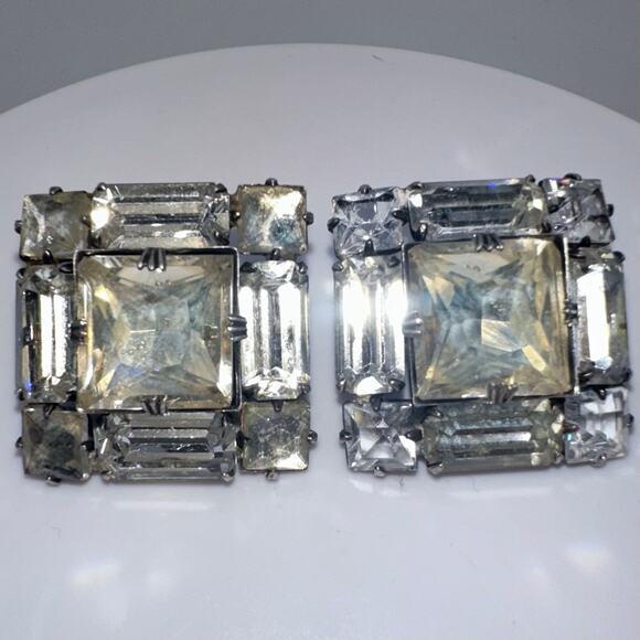 1940s 1950s vintage 925 sterling silver large clear rhinestones clip on earrings - Picture 2 of 8